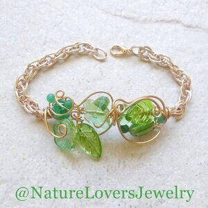 Whimsical Spring Bracelet - Green Leaves Butterflies Flowers! Uniquely Handmade